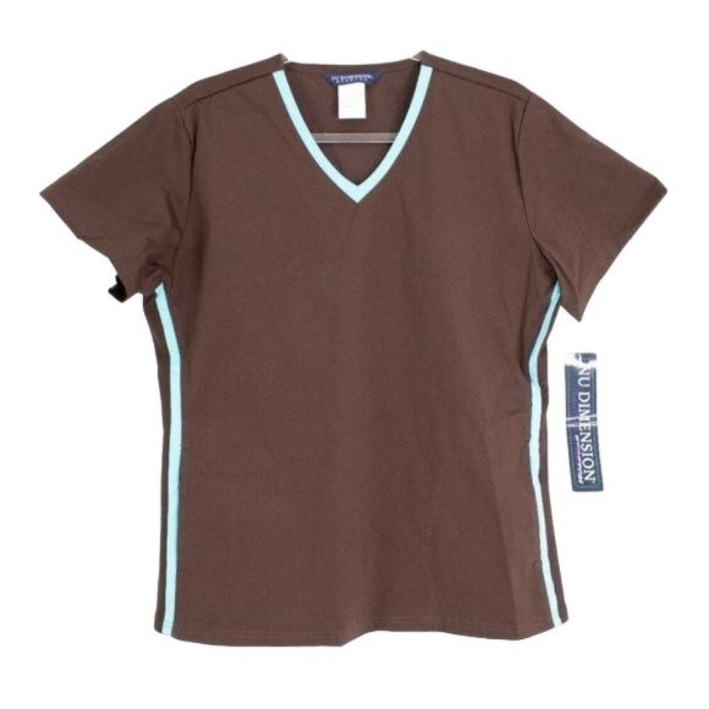 Nu Dimension Brown V-Neck Scrubs Top With Turquoise Trim